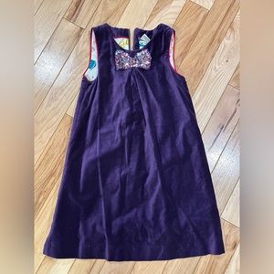 Mini Boden purple velour shell dress with sequins bow. Size 7-8